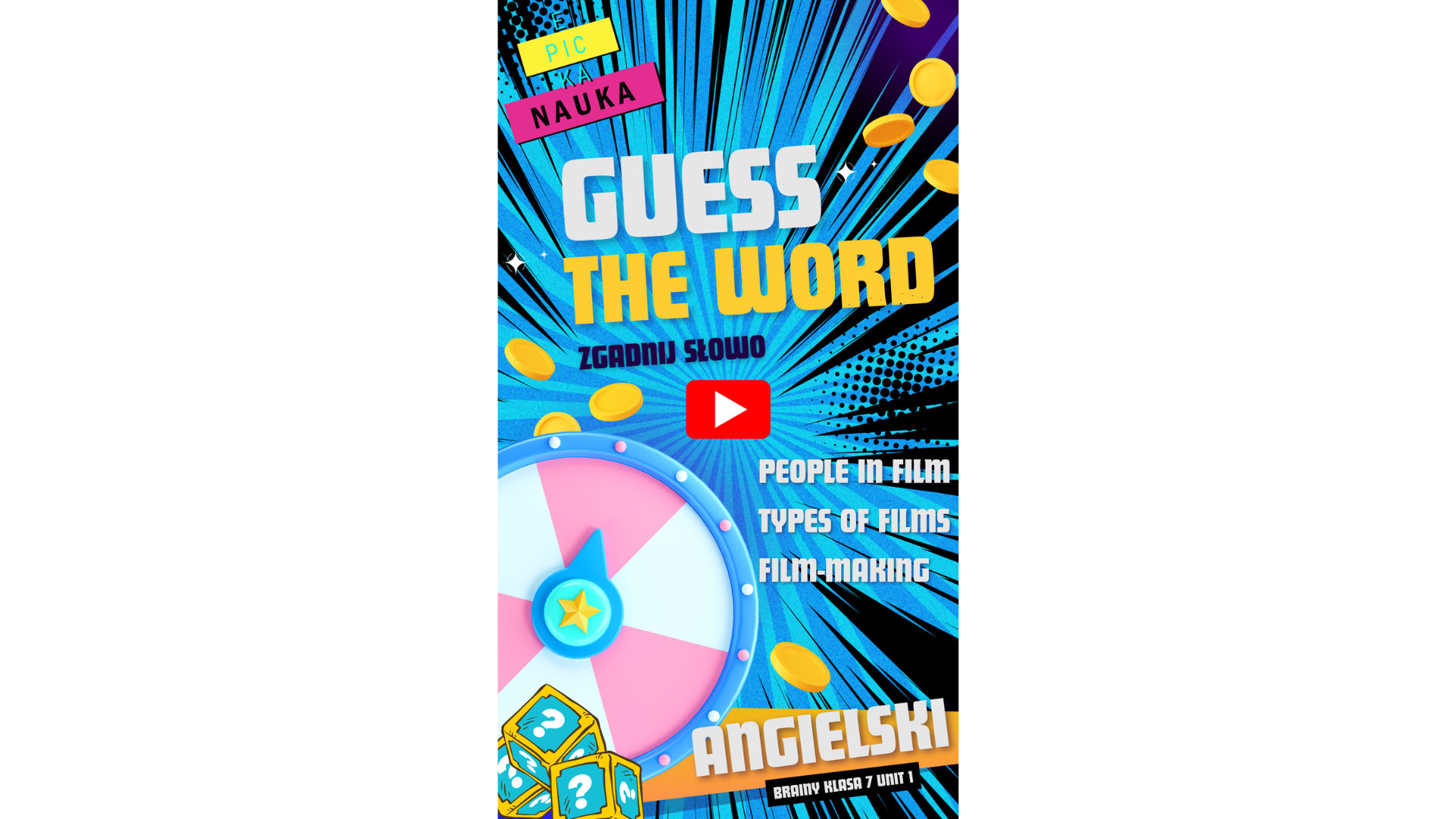 Hangman Brainy 7 – słownictwo o filmach: gatunki, ludzie w produkcji, słówka bonusowe.