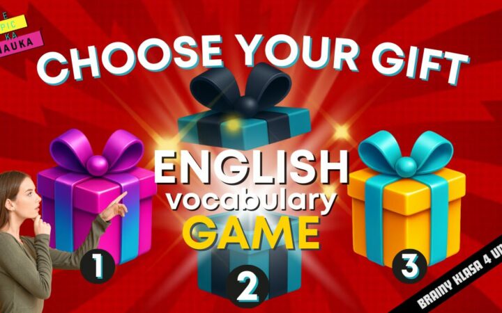 Grafika promująca grę edukacyjną „Choose Your Gift” — nauka słownictwa z Unit 3 Brainy 4 (possessions, clothes), zgodna z podstawą programową.
